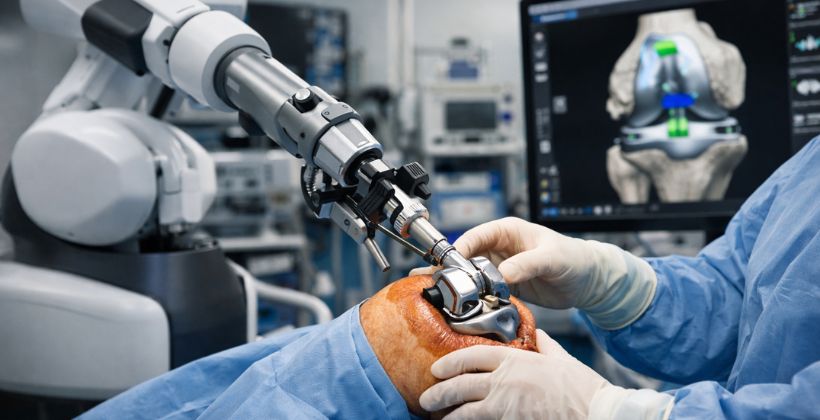 robotic joint replacement surgery showing robotic knee replacement procedure for knee arthritis treatment