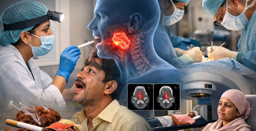 Head and neck cancer diagnosis and treatment in Mumbai showing oral cancer screening, tumor scan, surgery and radiotherapy