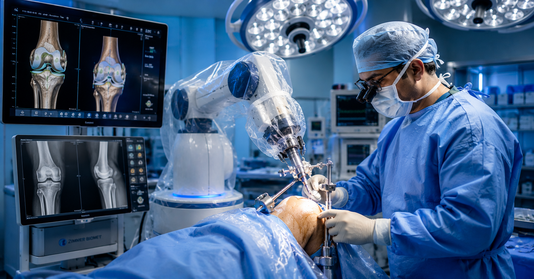 Orthopedic surgeon performing robotic knee replacement surgery in a modern operation theatre with advanced robotic-assisted technology and 3D knee imaging.
