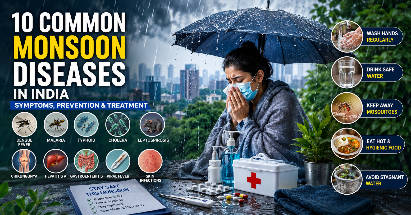 10 common monsoon diseases in India including dengue, malaria, typhoid, cholera, leptospirosis, chikungunya, hepatitis A, gastroenteritis, viral fever, and skin infections