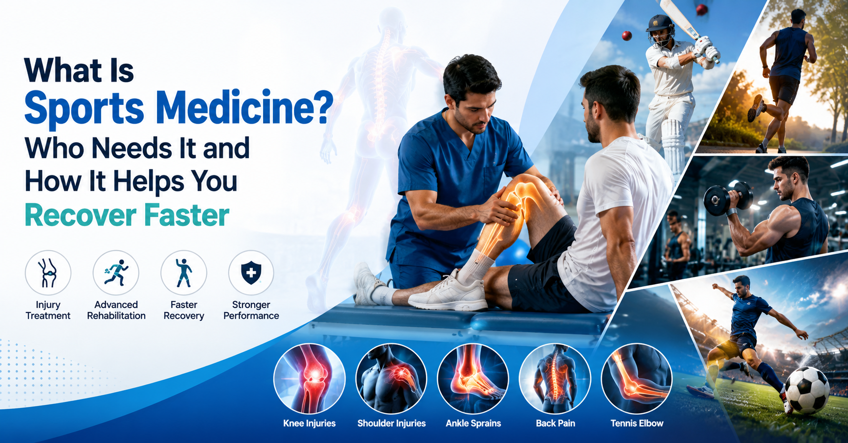 Sports medicine specialist treating a knee injury patient with advanced rehabilitation and sports injury recovery care.