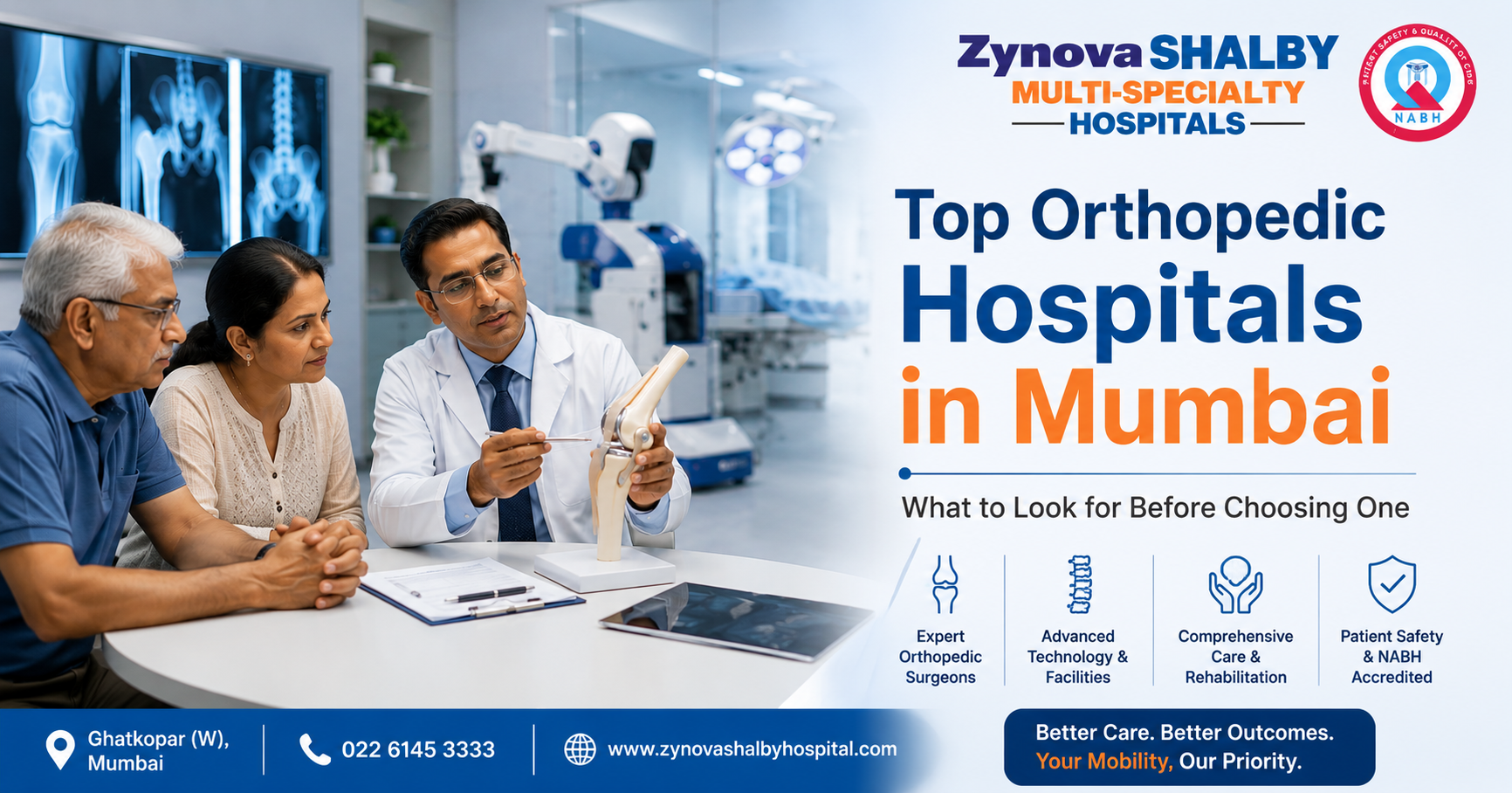 Top orthopedic hospital in Mumbai offering knee replacement, hip replacement, spine treatment, fracture care, and expert orthopedic consultation at Zynova Shalby Hospital.
