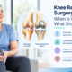 Knee replacement surgery illustration showing a woman with knee pain and a comparison of a damaged knee joint with a knee replacement implant.