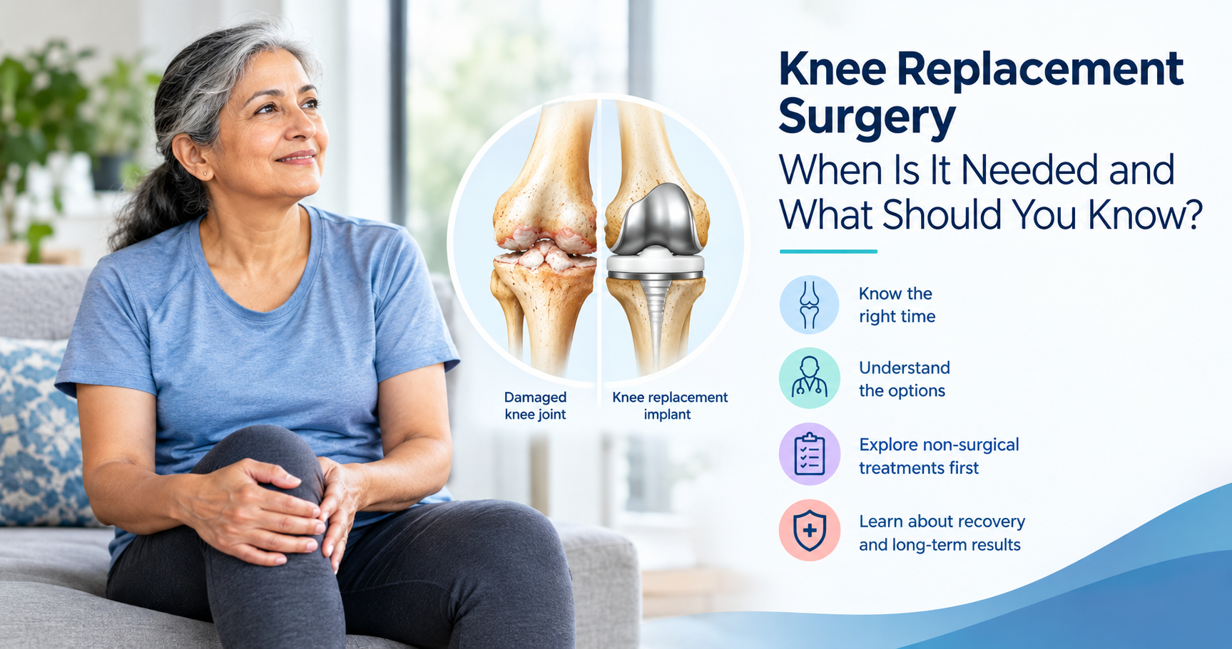 Knee replacement surgery illustration showing a woman with knee pain and a comparison of a damaged knee joint with a knee replacement implant.